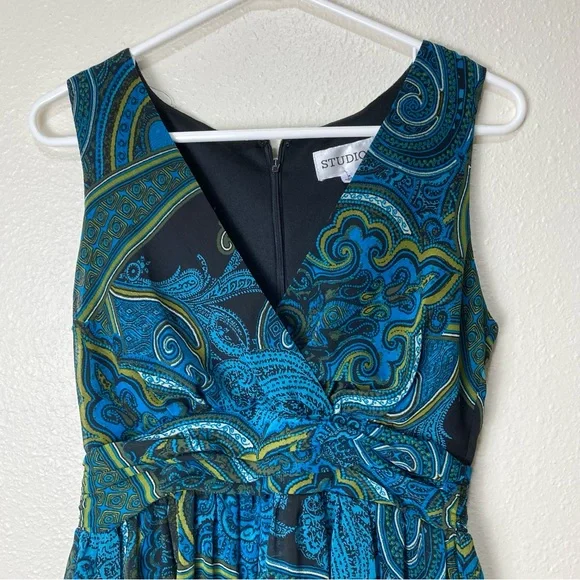 Studio I Paisley Midi Dress Blue  Green Sleeveless Empire Waist Pleated Sz 8 - Picture 3 of 16